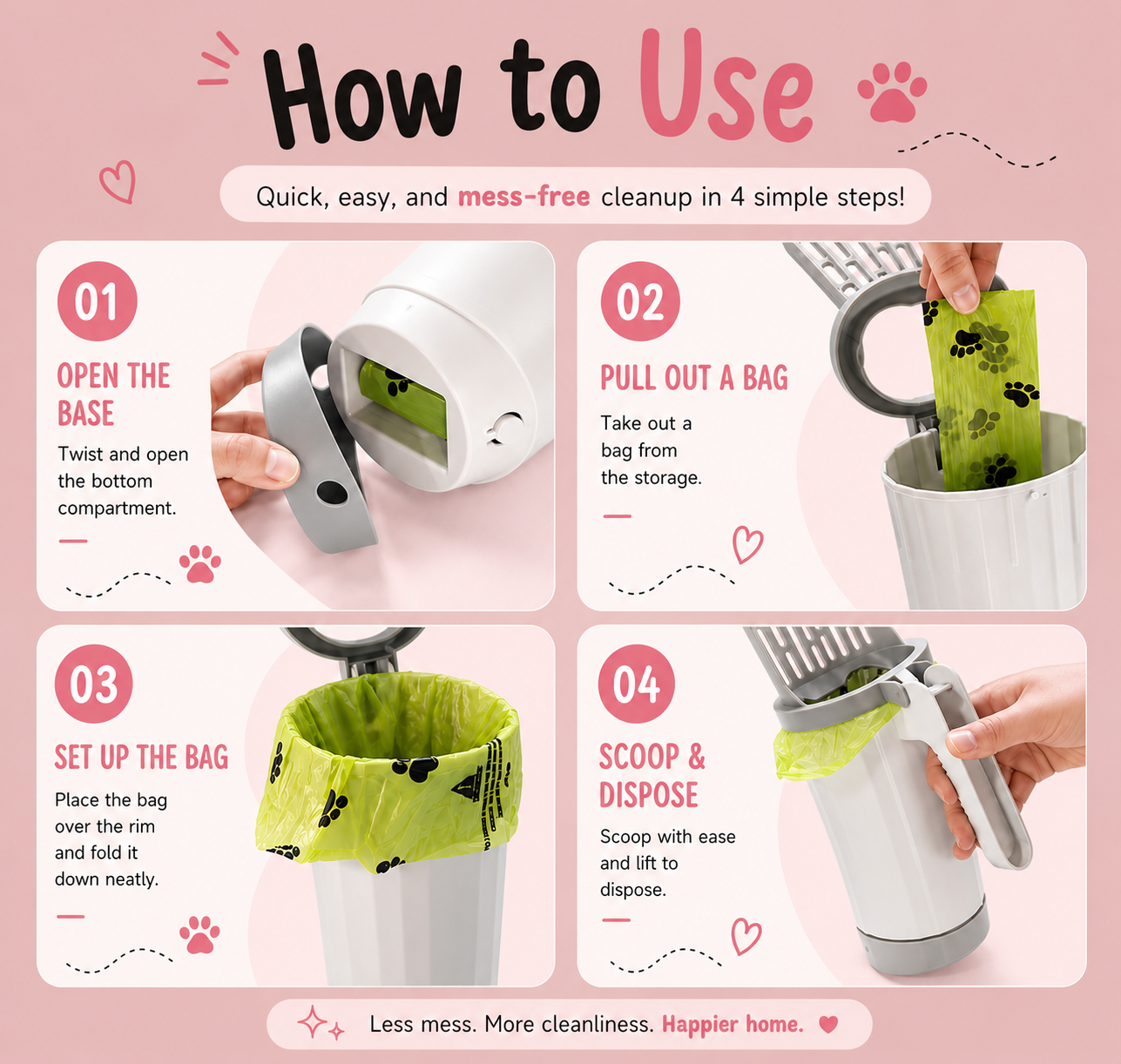 Mess-free cat litter scoop features